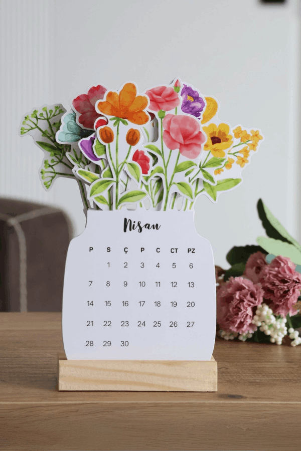 2026 Çiçekli Takvim Özel Tasarım Masa Takvimi Vazodaki Çiçekler
