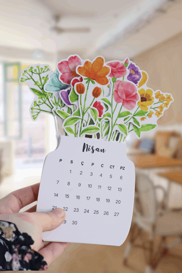 2026 Çiçekli Takvim Özel Tasarım Masa Takvimi Vazodaki Çiçekler