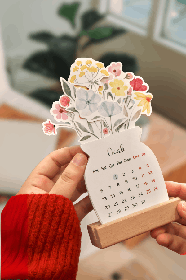 2026 Çiçekli Takvim Özel Tasarım Masa Takvimi Vazodaki Çiçekler