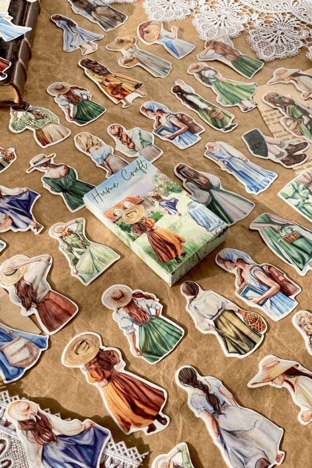 Kutulu Vintage Lady Temalı Sticker Seti / Bullet Journal Sticker