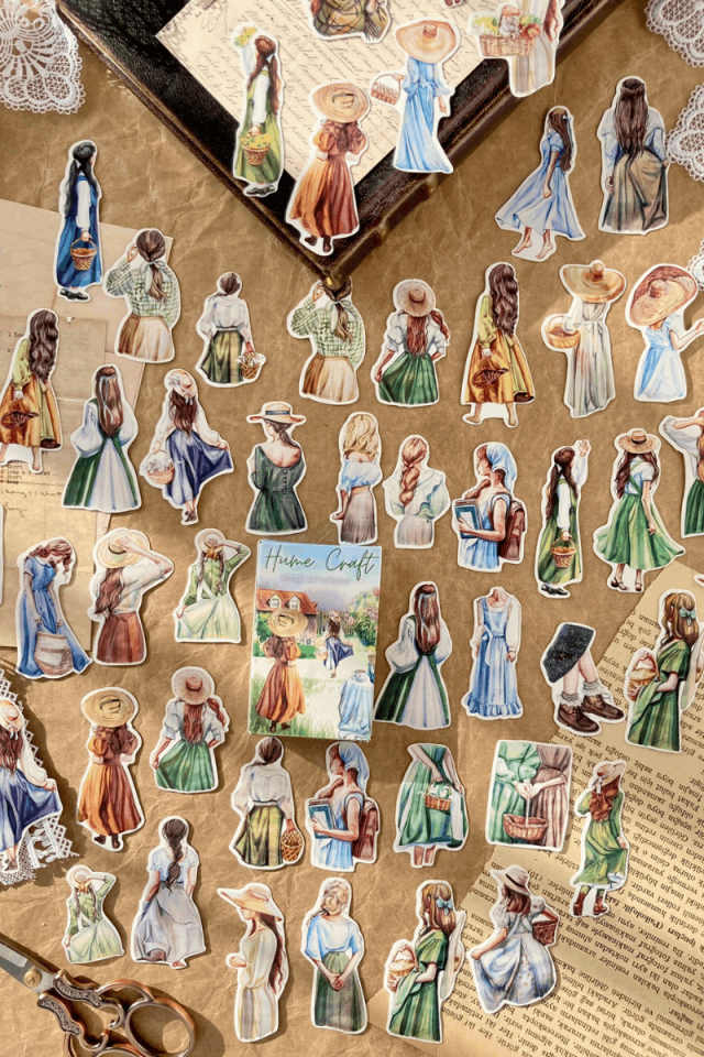 Kutulu Vintage Lady Temalı Sticker Seti / Bullet Journal Sticker