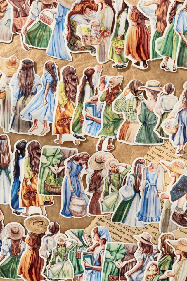 Kutulu Vintage Lady Temalı Sticker Seti / Bullet Journal Sticker
