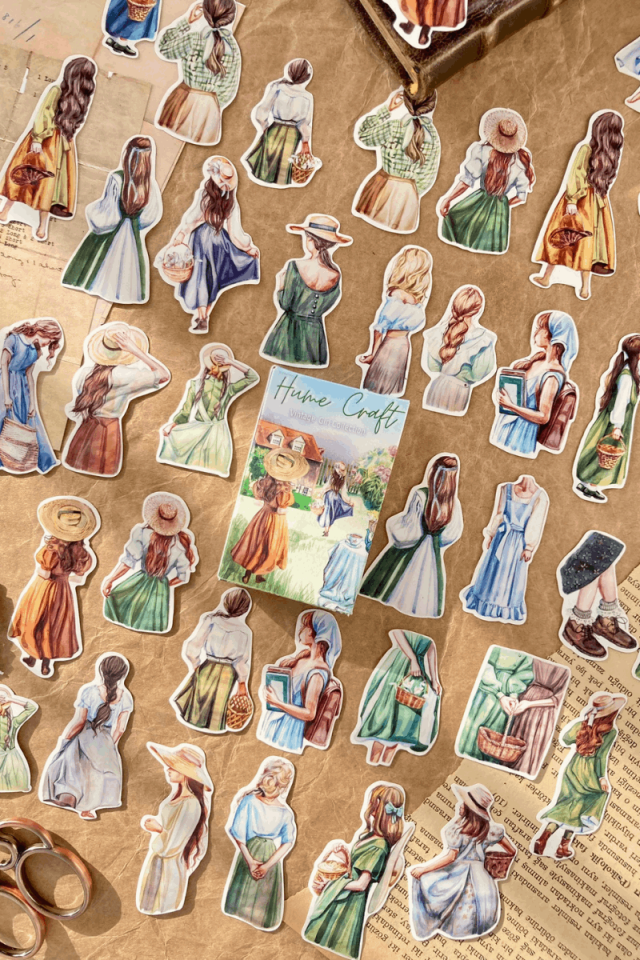 Kutulu Vintage Lady Temalı Sticker Seti / Bullet Journal Sticker