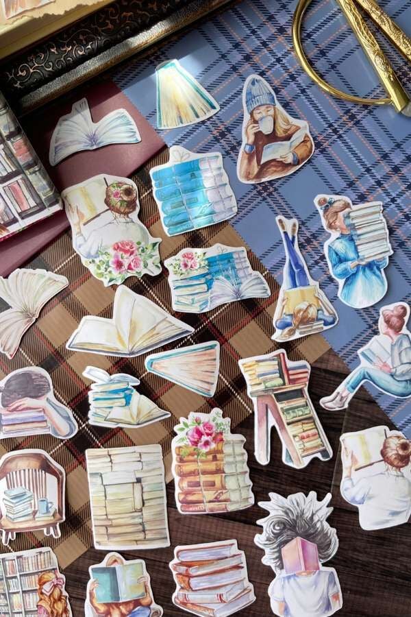 Kutulu Kitap Okuyan Kız Temalı Sticker Seti / Bullet Journal Sticker