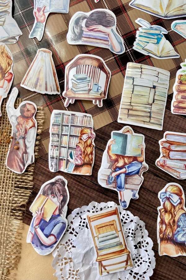 Kutulu Kitap Okuyan Kız Temalı Sticker Seti / Bullet Journal Sticker