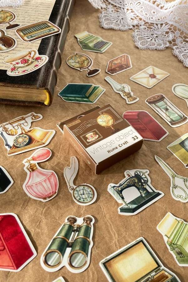 Kutulu Vintage Object Temalı Sticker Seti / Bullet Journal Sticker