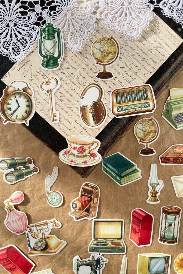 Kutulu Vintage Object Temalı Sticker Seti / Bullet Journal Sticker