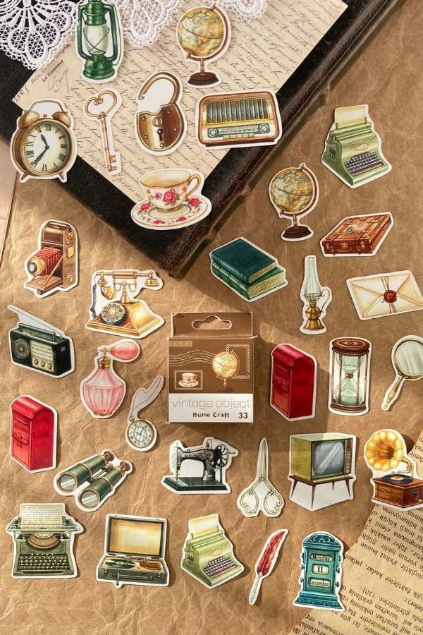 Kutulu Vintage Object Temalı Sticker Seti / Bullet Journal Sticker