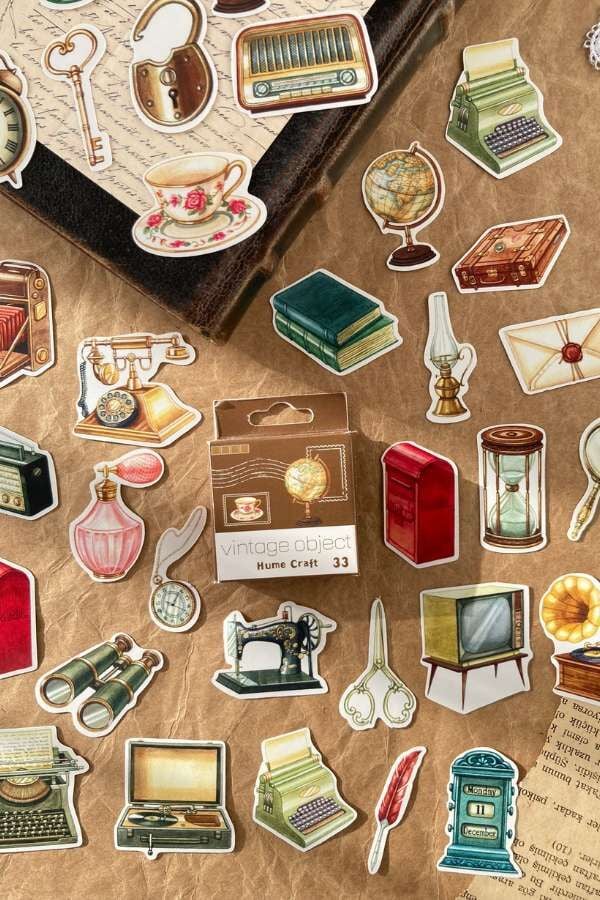 Kutulu Vintage Object Temalı Sticker Seti / Bullet Journal Sticker