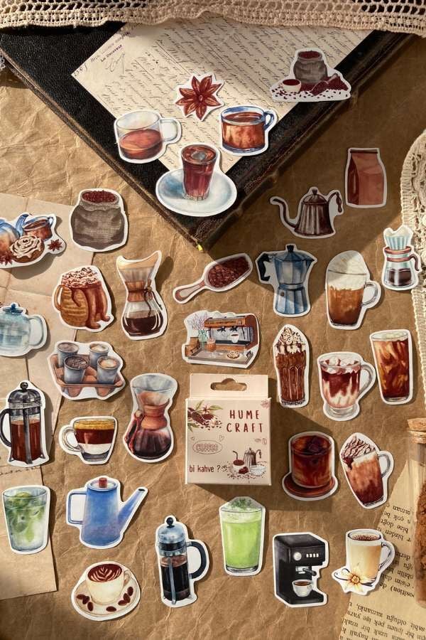 Kutulu Kahve Temalı Sticker Seti / Bullet Journal Sticker