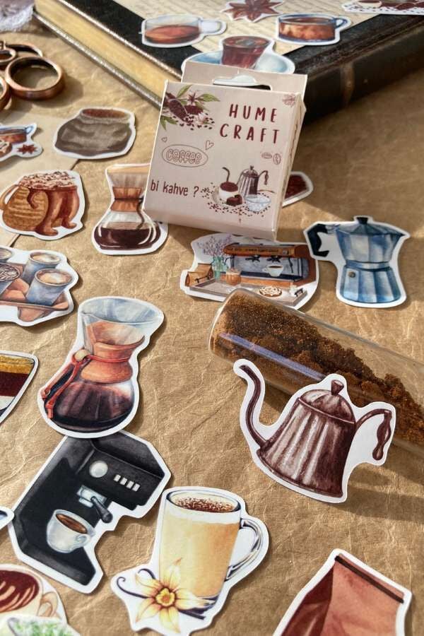 Kutulu Kahve Temalı Sticker Seti / Bullet Journal Sticker