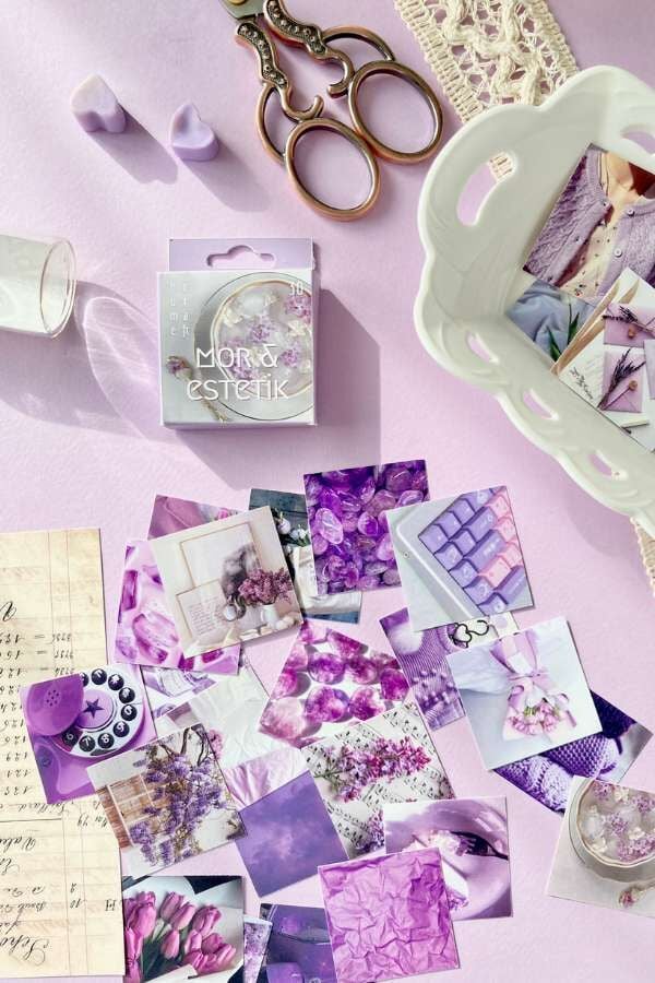 Kutulu Mor Aesthetic Temalı Sticker Seti / Bullet Journal Sticker