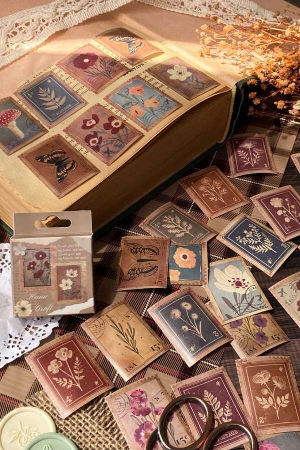 Kutulu Vintage Pul Temalı Sticker Seti / Bullet Journal Sticker