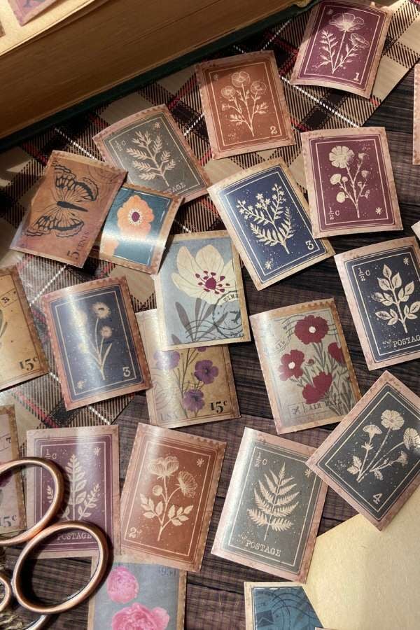 Kutulu Vintage Pul Temalı Sticker Seti / Bullet Journal Sticker
