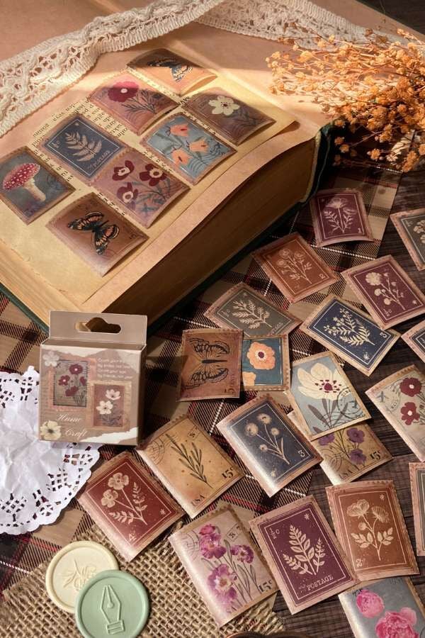 Kutulu Vintage Pul Temalı Sticker Seti / Bullet Journal Sticker