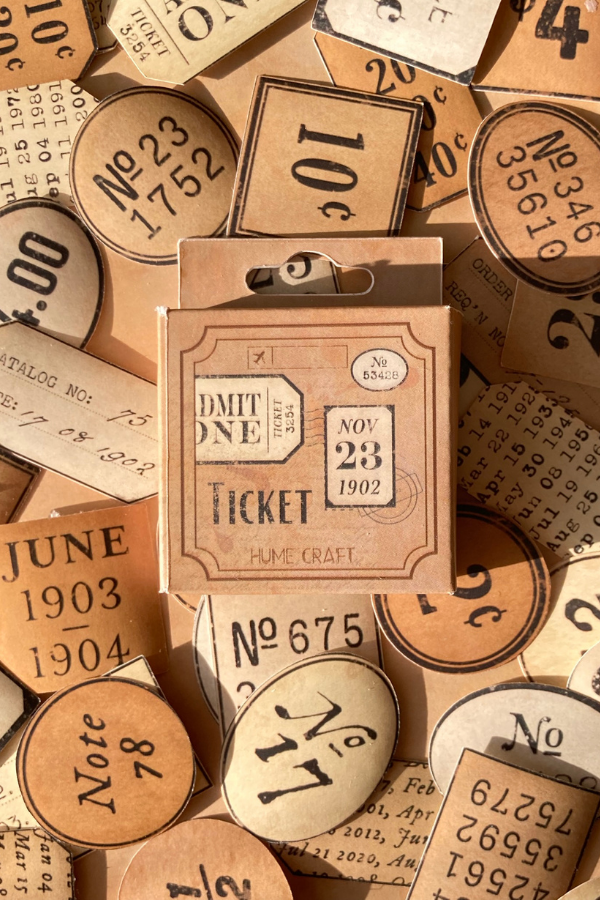 Kutulu Vintage Bilet ve Sayılar Temalı Sticker Seti / Bullet Journal Sticker