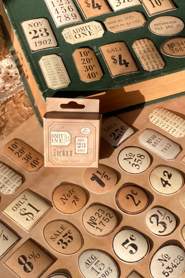 Kutulu Vintage Bilet ve Sayılar Temalı Sticker Seti / Bullet Journal Sticker