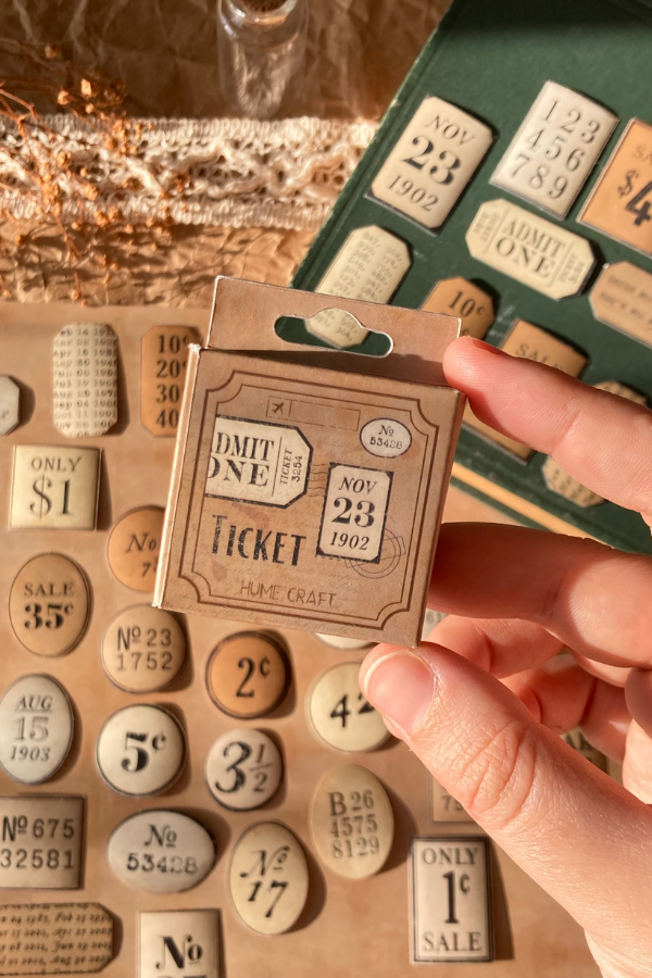 Kutulu Vintage Bilet ve Sayılar Temalı Sticker Seti / Bullet Journal Sticker