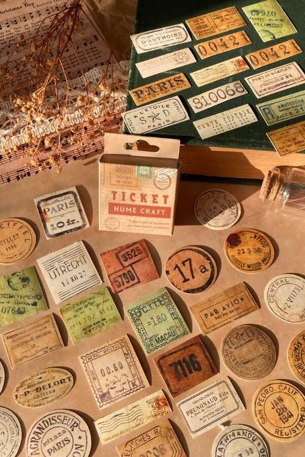 Kutulu Vintage Bilet ve Sayılar Temalı Sticker Seti II / Bullet Journal Sticker