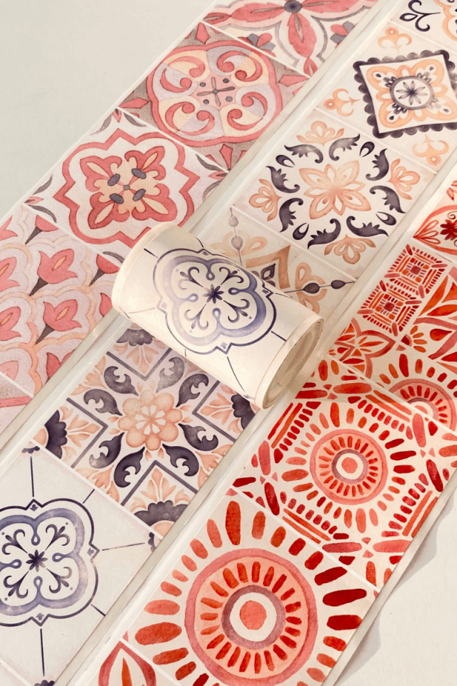 Suluboya Çini Desen Temalı 2 Metre  Washi Bant Washi Tape Bullet Journal Scrapbook için uygun