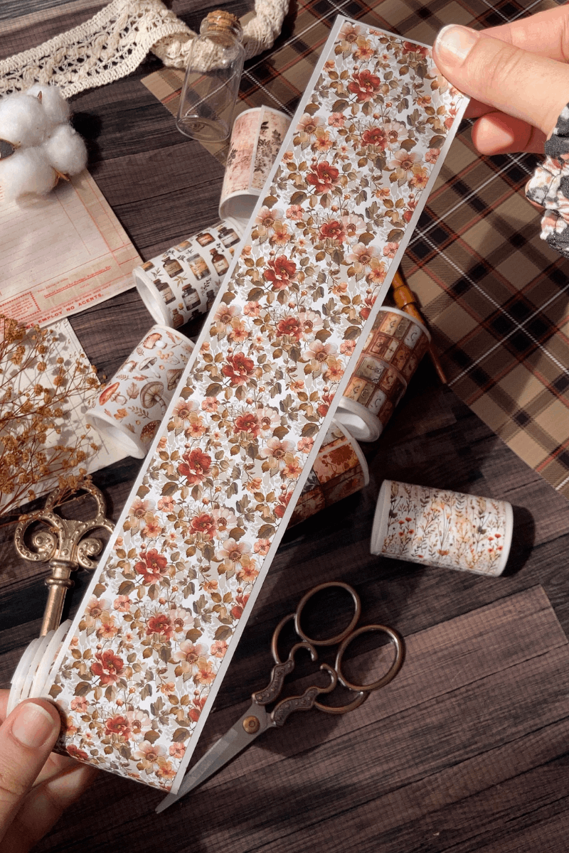 Vintage Toprak Tonlarında Çiçekler Temalı Washi Bant / Washitape / Bullet Journal / Scrapbook /