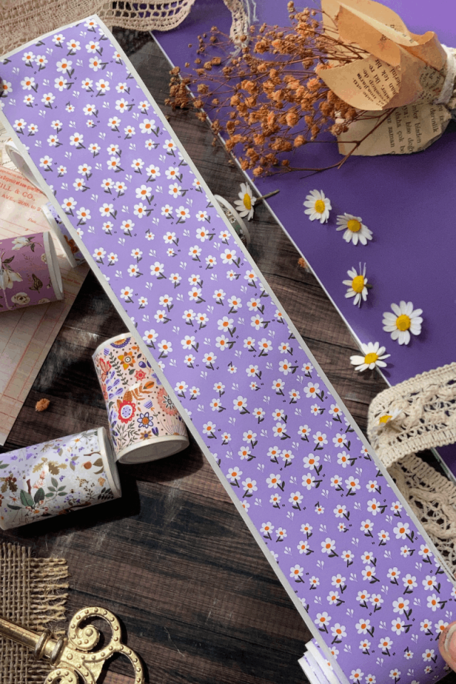 2 Metre Papatya Desenli Mor Washi Bant / Washitape / Bullet Journal / Scrapbook /