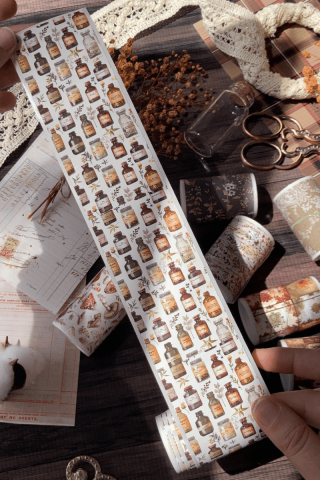 2 Metre Vintage Şişe Temalı Washi Bant / Washitape / Bullet Journal / Scrapbook /
