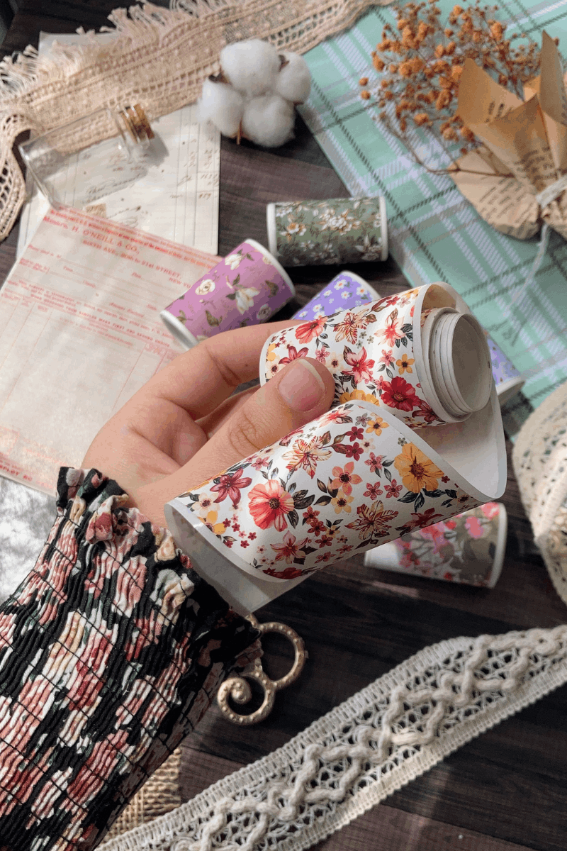 2 Metre Vintage Kırmızı Çiçek Desenli Washi Bant / Washitape / Bullet Journal / Scrapbook /