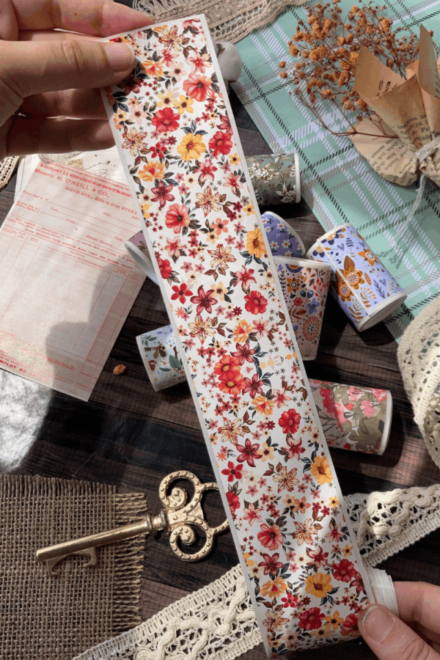 2 Metre Vintage Kırmızı Çiçek Desenli Washi Bant / Washitape / Bullet Journal / Scrapbook /