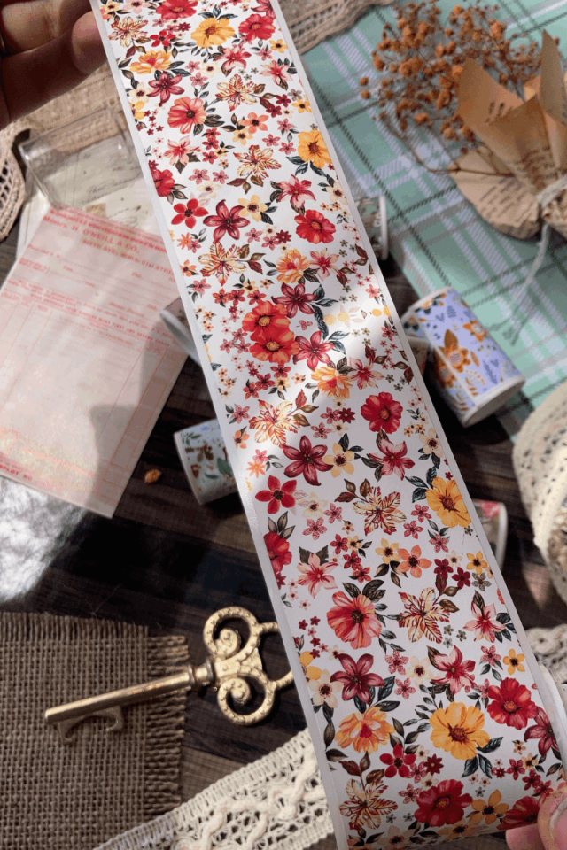 2 Metre Vintage Kırmızı Çiçek Desenli Washi Bant / Washitape / Bullet Journal / Scrapbook /