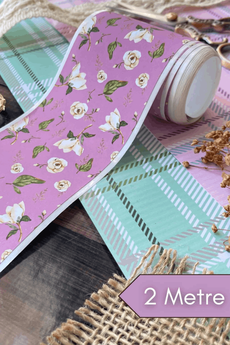 2 Metre Lila ve Beyaz Gül Temalı Washi Bant / Washitape / Bullet Journal / Scrapbook /