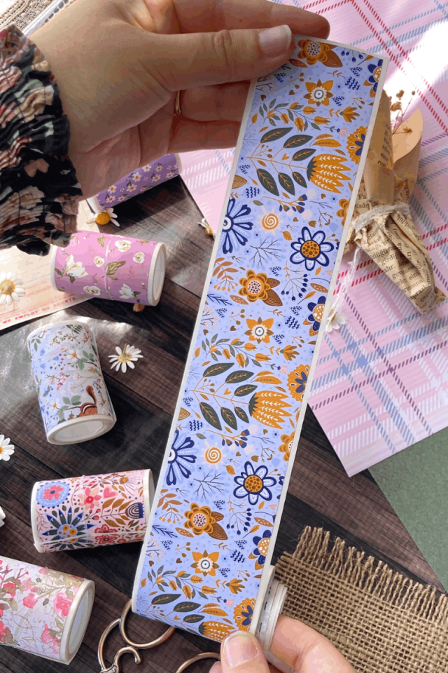 2 Metre Mavi Zemin ve Çiçekler Temalı Washi Bant / Washitape / Bullet Journal / Scrapbook /
