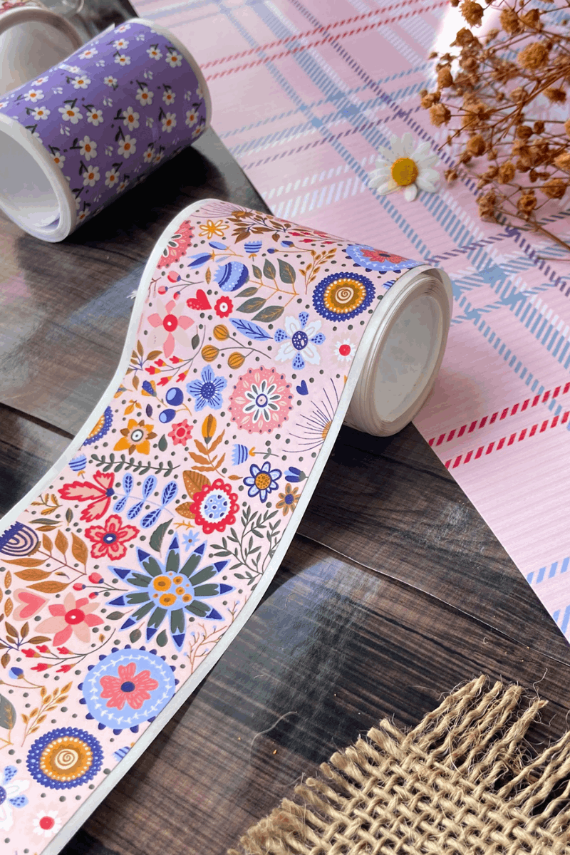 2 Metre Pembe Zemin ve Çiçekler Desenli Washi Bant / Washitape / Bullet Journal / Scrapbook /
