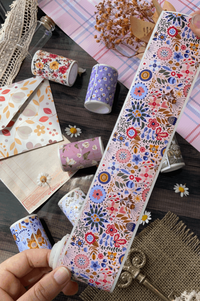 2 Metre Pembe Zemin ve Çiçekler Desenli Washi Bant / Washitape / Bullet Journal / Scrapbook /