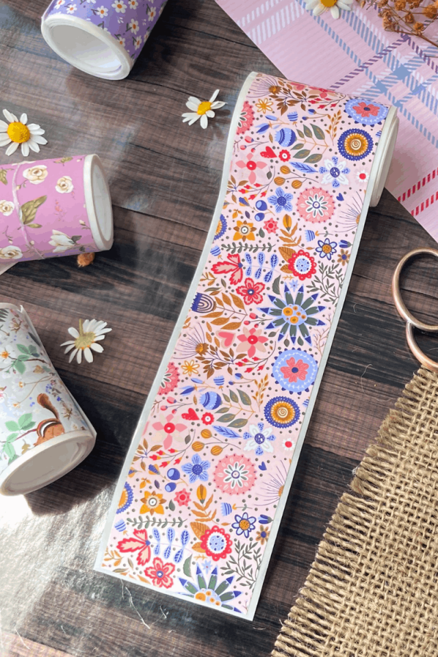 2 Metre Pembe Zemin ve Çiçekler Desenli Washi Bant / Washitape / Bullet Journal / Scrapbook /