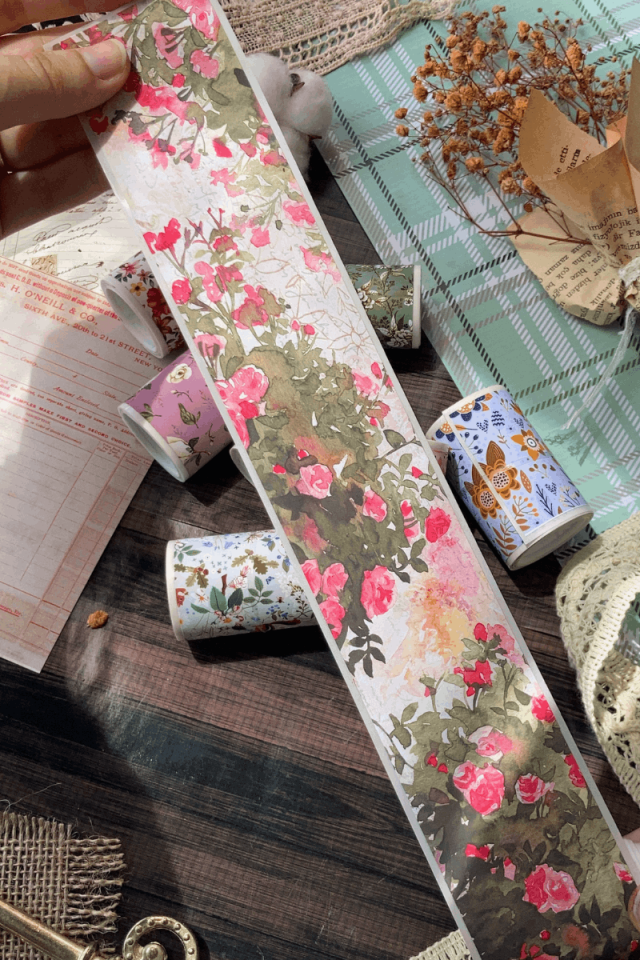 2 Metre Vintage Pembe Ve Sarı Çiçek Desenli Washi Bant / Washitape / Bullet Journal / Scrapbook /
