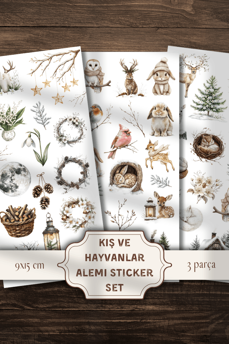 3'lü Kış Temalı Sevimli Hayvanlar Sticker Seti