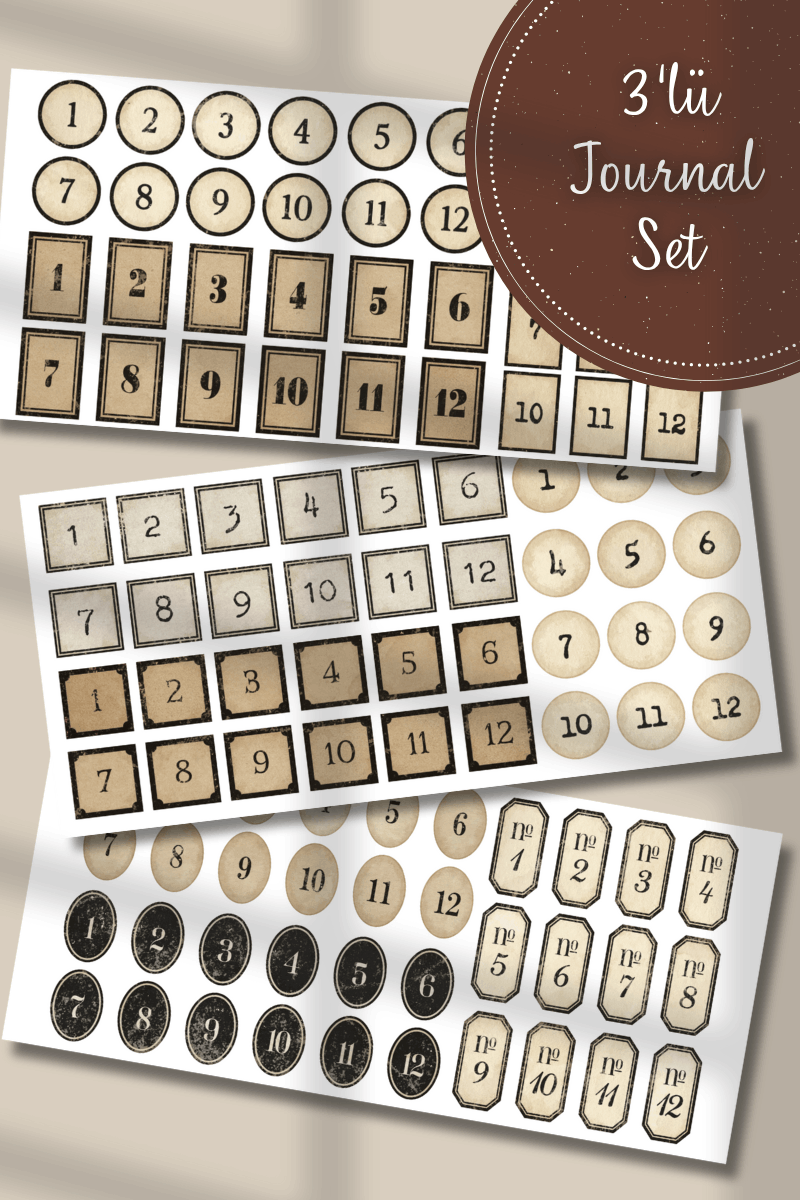 3'lü Vintage Sayı Temalı  Journal Sticker Seti