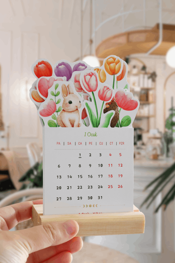 2026 Sevimli Çiçekli Masa Takvimi Ahşap Standlı