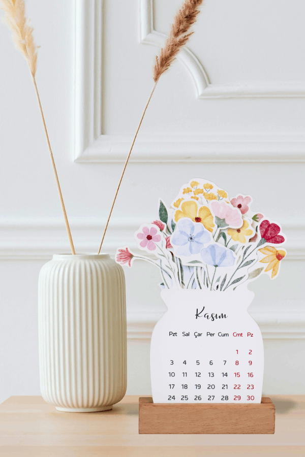 2026 Çiçekli Takvim Özel Tasarım Masa Takvimi Vazodaki Çiçekler
