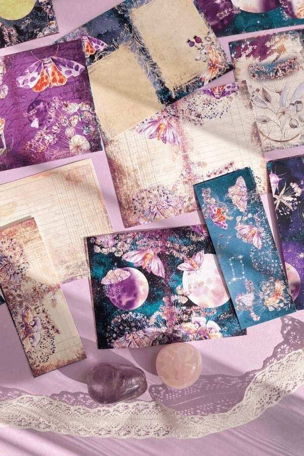 Mor Evren Kelebek Temalı Vintage Scrapbook Seti