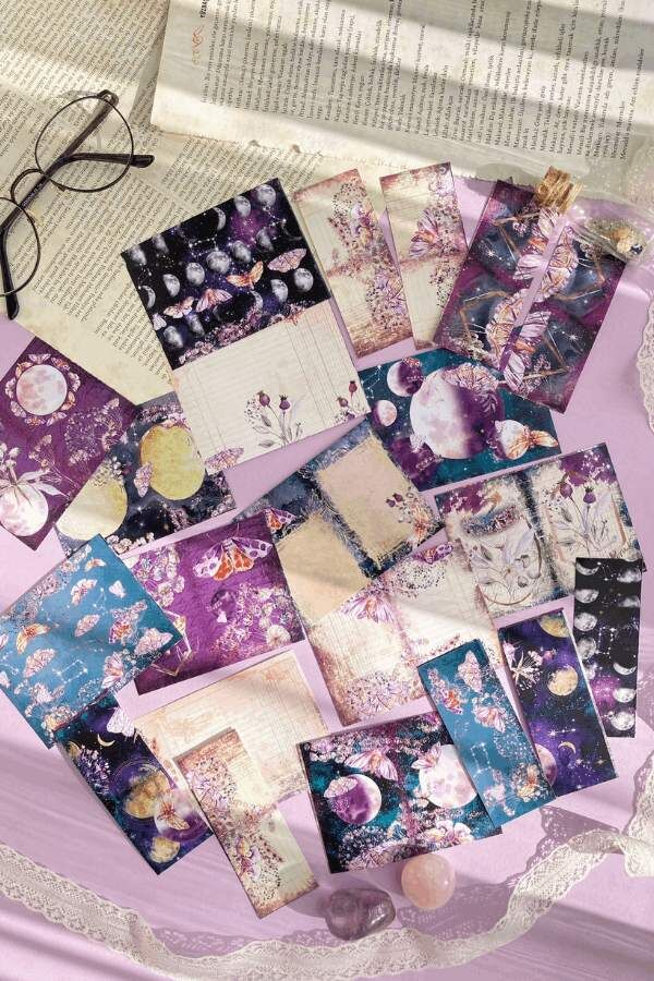 Mor Evren Kelebek Temalı Vintage Scrapbook Seti