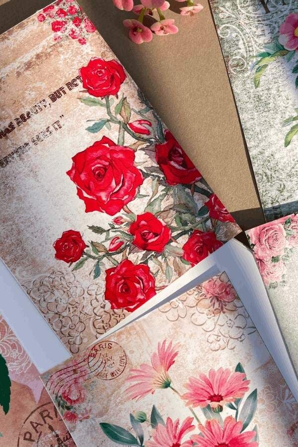 Vintage Çiçek ve Kolaj Desen Scrapbook Kağıt Seti