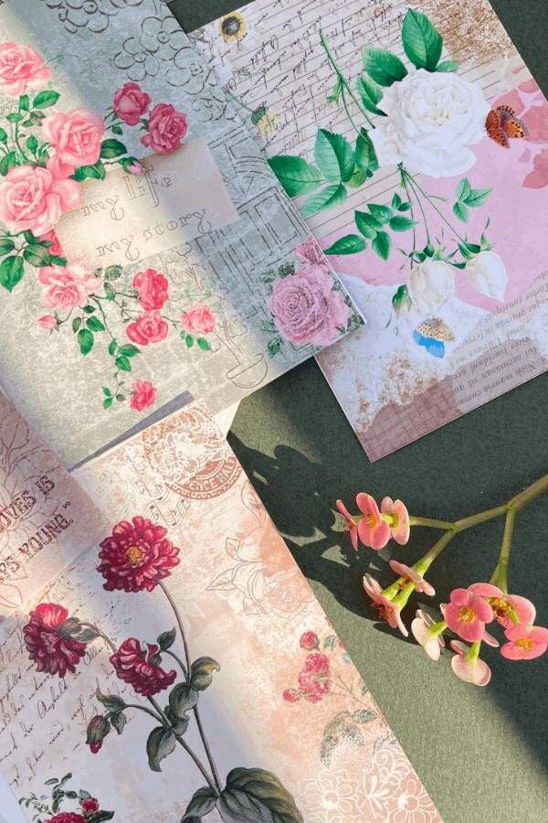 Vintage Çiçek ve Kolaj Desen Scrapbook Kağıt Seti