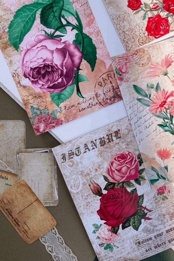 Vintage Çiçek ve Kolaj Desen Scrapbook Kağıt Seti