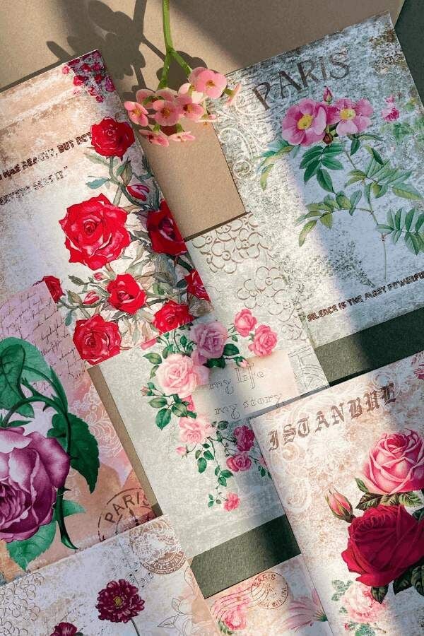 Vintage Çiçek ve Kolaj Desen Scrapbook Kağıt Seti