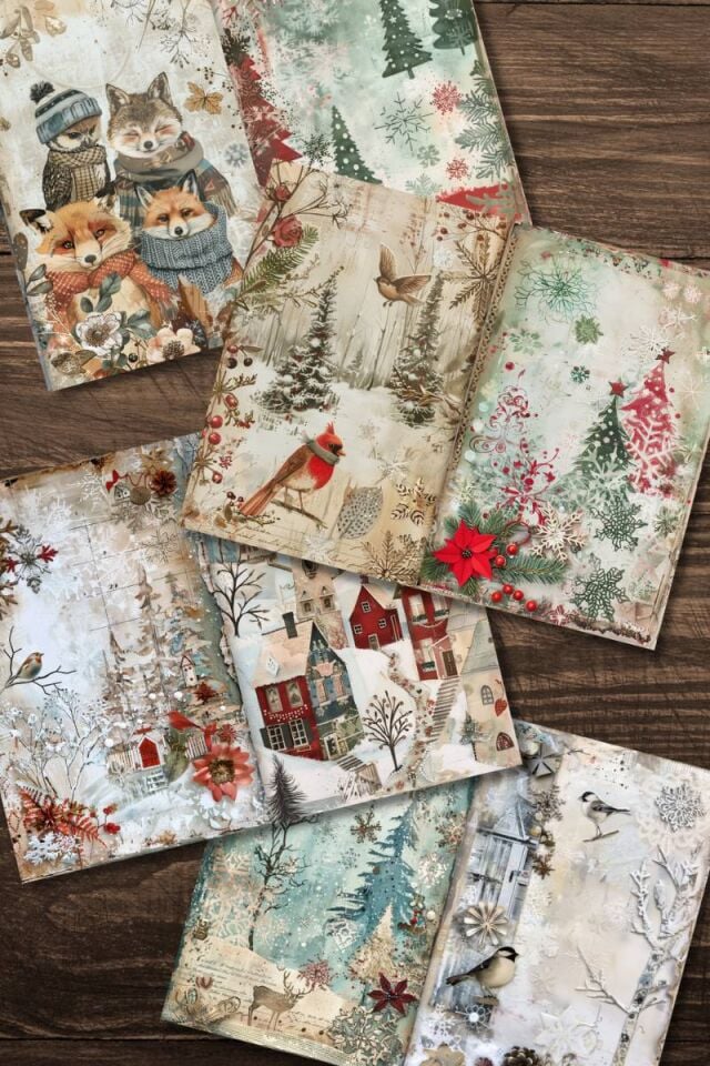 Vintage Kış Temalı Scrapbook Kağıt Seti 1