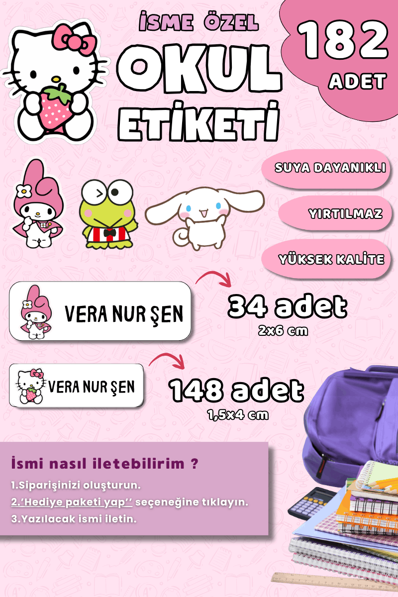 182 Adet Okul Etiketi Kalem Defter Etiketi Hello Kitty / Sanrio Temalı İsme Özel Etiket