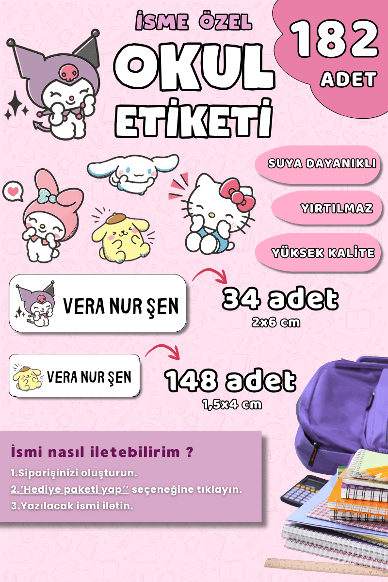 182 Adet Okul Etiketi Kalem Defter Etiketi Hello Kitty / Sanrio Temalı İsme Özel Etiket