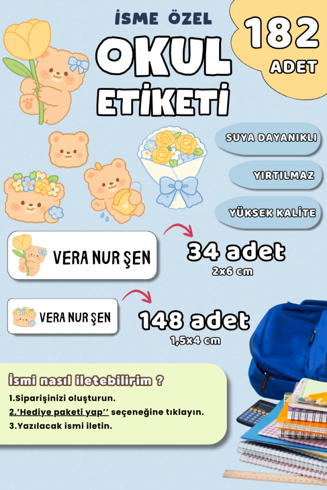 182 Adet Okul Etiketi Kalem Defter Etiketi Sevimli Ayıcık Temalı İsme Özel Etiket